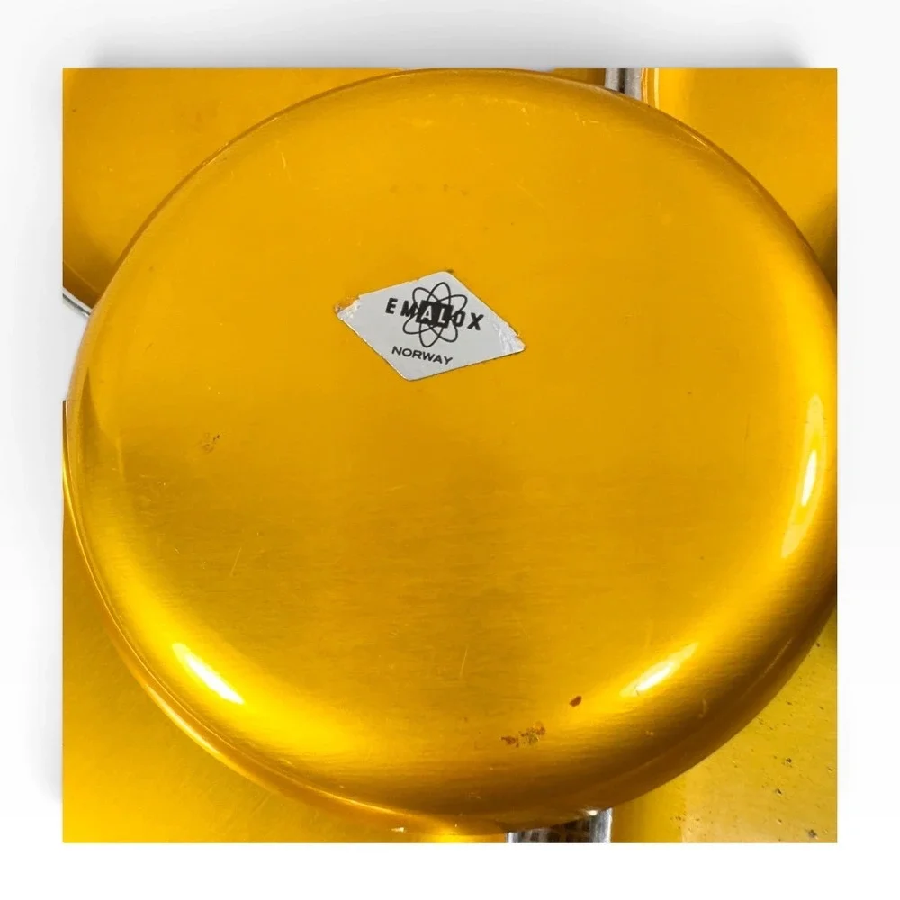 Vintage Emalox Norway Yellow Gold Anodized Aluminum Coasters Set of 7 MCM 4in
